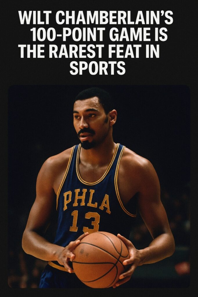 Black-and-white image of Wilt Chamberlain after the 100-point game, holding the handwritten “100” paper.